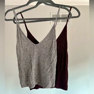 2 Brandy Melville Gray and Burgundy Ribbed V-neck Tank Tops